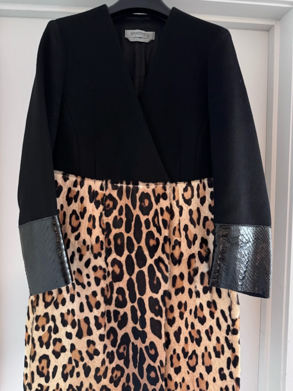 Black & Leopard Print Coat with Leather Cuffs